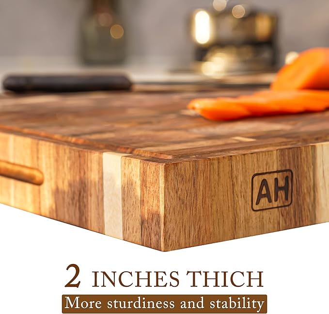 AZRHOM Thick End Grain Acacia Wood Cutting Board 20x15x2 In, Wooden Butcher Block, Chopping Board For Kitchen with Juice Groove Handles Non-Slip Pats (Gift Box)