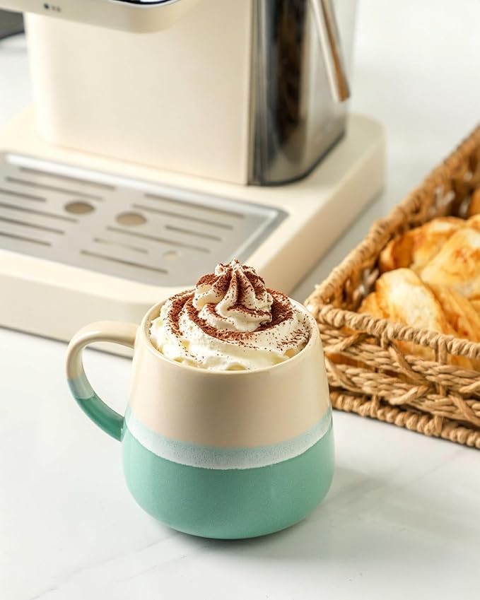 Coffee Mugs Set of 4, Ceramic Tea Coffee Cups with Handle, 14 OZ Large Porcelain Mug for Americano, Latte, Cappuccino, Hot Chocolate, Glazed White and Green