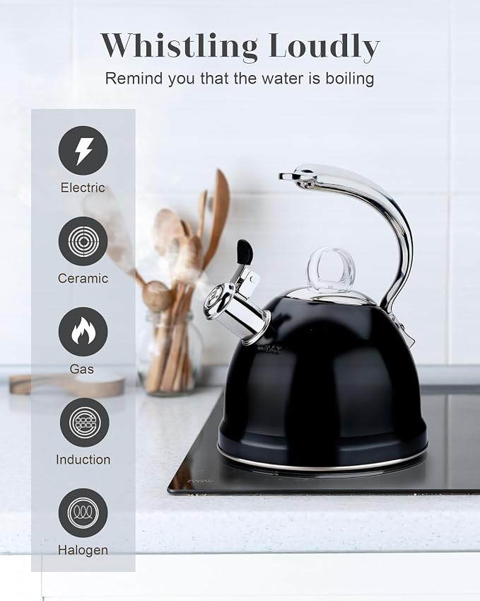 Harriet Tea Kettle Stovetop, 2.5 QT Whistling Stainless Steel Teapot, 3-Layer Base, Unique Ergonomic Handle, Includes Pot Holder & Mat, Electric/Induction/Gas Stovetops Applicable, Black