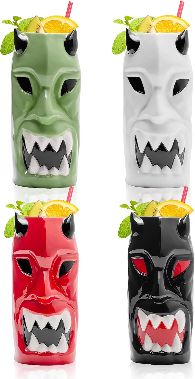 LEMONSODA Ceramic Hawaiian Tiki Glasses (Horned, Set of 4)