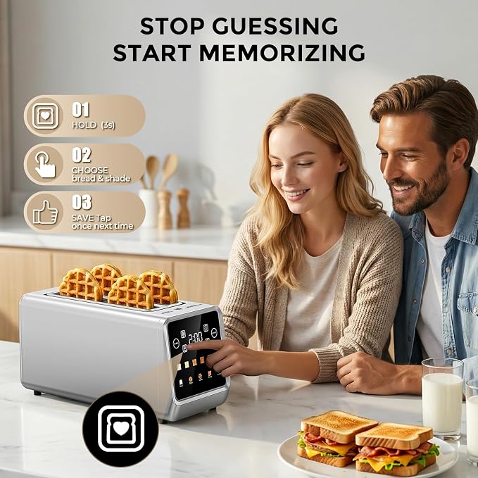 Long Slot Toaster 4 Slice with Touchscreen, 1400W Stainless Steel 2-Slot Smart Appliance Extra Wide 1.5 Inch, Single Mode BreadID Tech Timer for Bagel Waffle