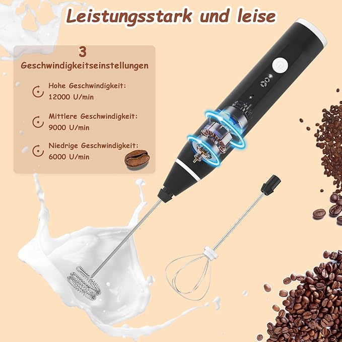 FITNATE Rechargeable Electric Foam Maker Drink Mixer 3 Speeds with 2 Stainless Steel Whisks, Frother for Coffee, Hot Chocolate, Latte, Cappuccino, Includes Frother Cup
