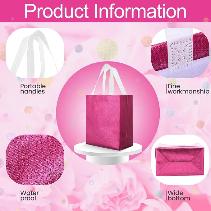 Eccliy Reusable Gift Bags Set Glossy Grocery Gift Tote Bag with Handle for Wedding, Bridal Shower, 4th of July, Summer Event(10 x 8 x 4.7 Inch,Hot Pink,80 Pcs)