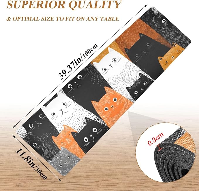 2 in 1 Table Runner Trivet for Hot Pots and Pans Heat Resistant Non Slip Waterproof 39 x 12 Inch Decorative Table Protector for Kitchen Countertop Black and White Orange Cat