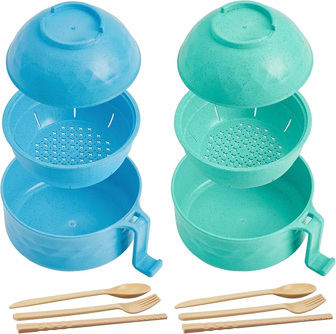 2 Sets Microwave Ramen Bowl 40 oz Wheat Fiber Portable Instant Noodle Cooker Bowl with Handles Strainer Spoon Chopstick Fork College Dorm Room Apartment Essentials(Blue Sky,Mint Green)
