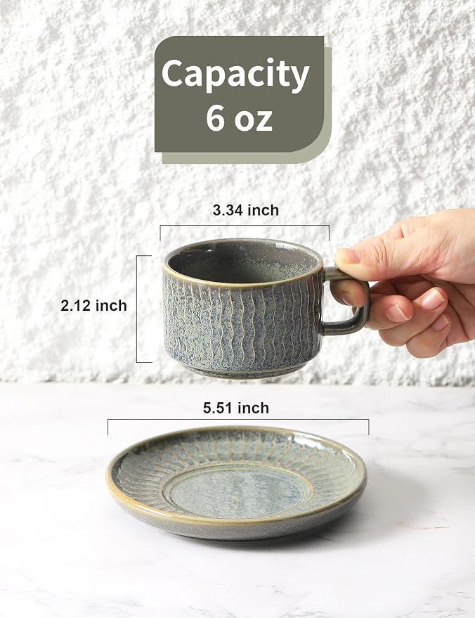 Espresso Cup with Saucer - 6 Ounce Ceramic Espresso Mugs Set of 4, Cappuccino Cups Set, Latte Coffee Cups for Coffee, Cafe Mocha, Tea, Green