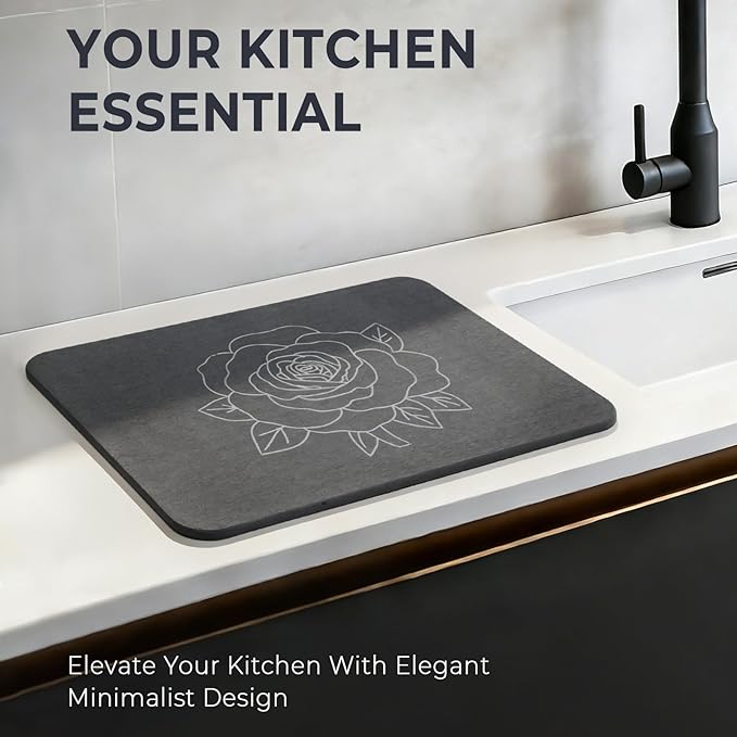 Stone Dish Drying Mat for Kitchen Counter, Glittery Resin Rose Pattern Quick Drying Mat, Water Absorbing Diatomaceous Pad for Plate Bottle Utensil Rack,Space Saving (Silver & Grey 16"×12" & 8"×4")