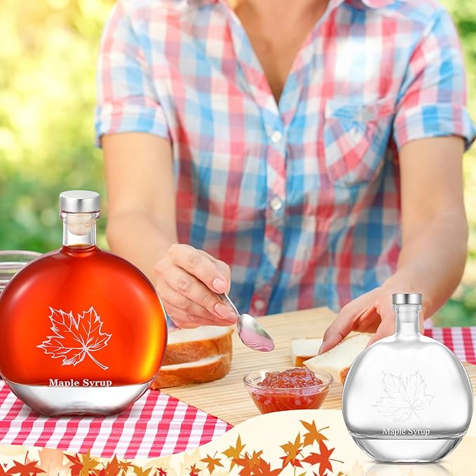 Maxdot 12 Pcs 8oz Glass Maple Syrup Bottles Clear Reusable Glass Bottles with Lids Loop Handle and Maple Syrup Stickers bottle Container for Milk Potion Juice Sauce Oil Storage Gift