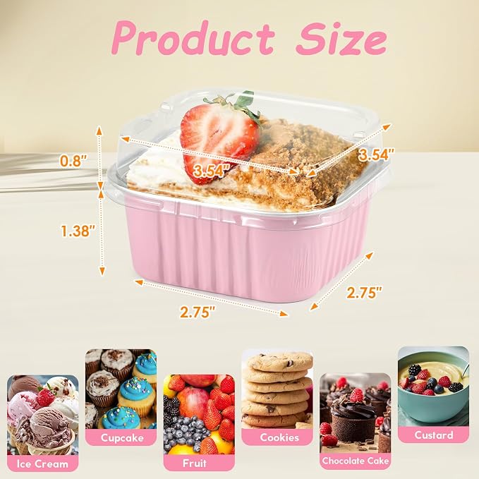 Mini Square Baking Cups with Lids, 50 Pcs Pink 5oz Aluminum Foil Cupcake Tins with Lids, Disposable Ramekins Flan Cake Pans Tins for Souffle, Dessert, Valentine, Wedding, Party Small Cake Containers