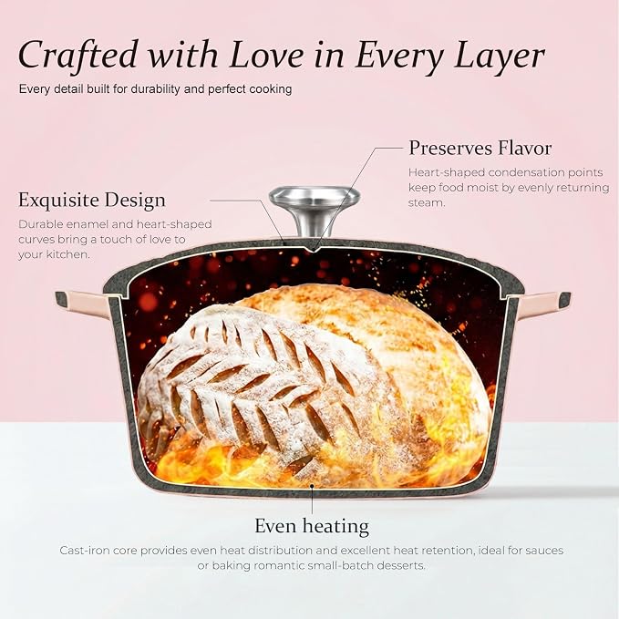 Overmont Heart-Shaped Enameled Cast Iron Dutch Oven, 2QT Pink Mini Pot with Lid for Cozy Meals, Soups & Small Batch Baking, Cute Kitchen Cookware Gift for Wedding, Housewarming & Birthday
