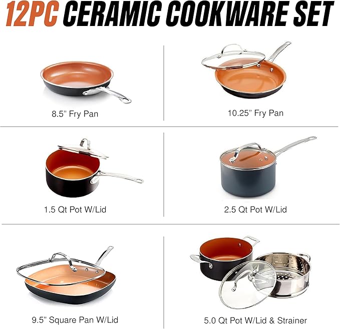 Gotham Steel 12 Pc Pots and Pans Set Non Stick Ceramic Cookware Set | Non Toxic PFOA/PFOS/PTFE Free, Stay Cool Stainless Steel Handles, Dishwasher and Oven Safe, Copper