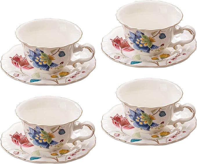 Ceramic Tea Cups Coffee Cup and Saucers Set of 4 (Blue and Red)