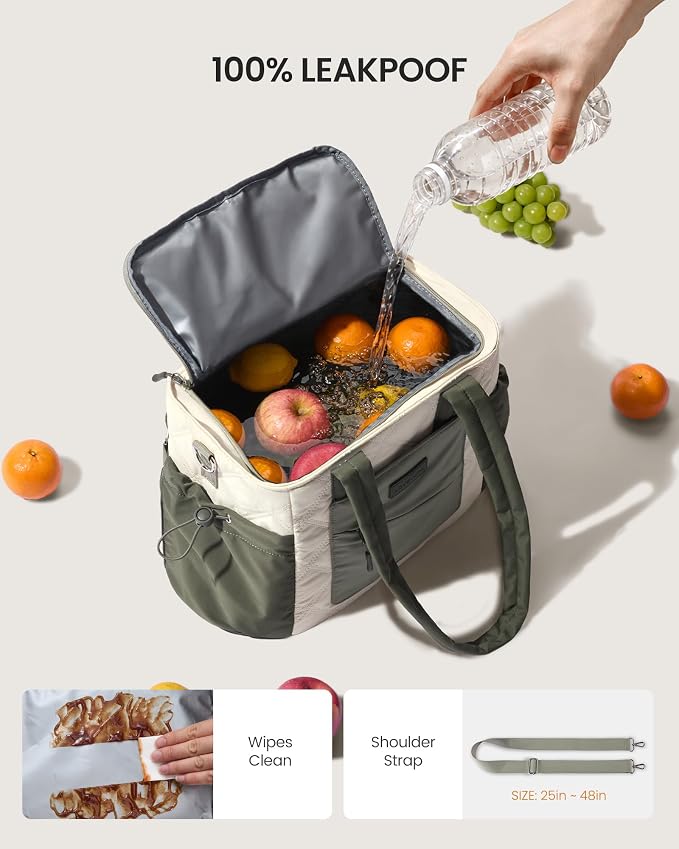 LOVEVOOK Lunch Box for Women, Quilted Insulated Lunch Bag Tote with 40oz Water Bottle Holder, Large Leakproof Cooler Bag for Women with Shoulder Strap, Work Office Nurse Teacher Picnic Travel