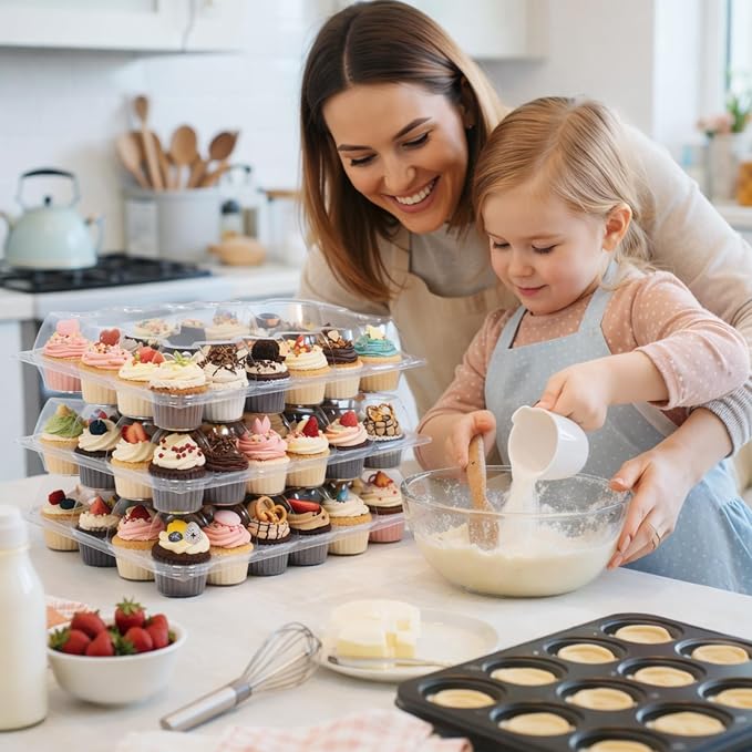 WIKDAY (24 Count x 5 Sets Plastic Cupcake Containers with Liners, Clear Cupcake Holder with Lids, Disposable Cupcake Carrier for Bakery, Cupcake Storage Box for Parties, Bake Sale Packaging