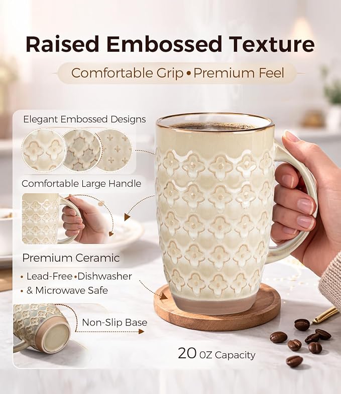 GBhome 20oz Large Coffee Mugs Set of 6, Handmade Tall Ceramic Coffee Mugs with Texture Patterns for Cappuccino, Latte,Hot Cocoa, Dishwasher & Microwave Safe-Pale Khaki