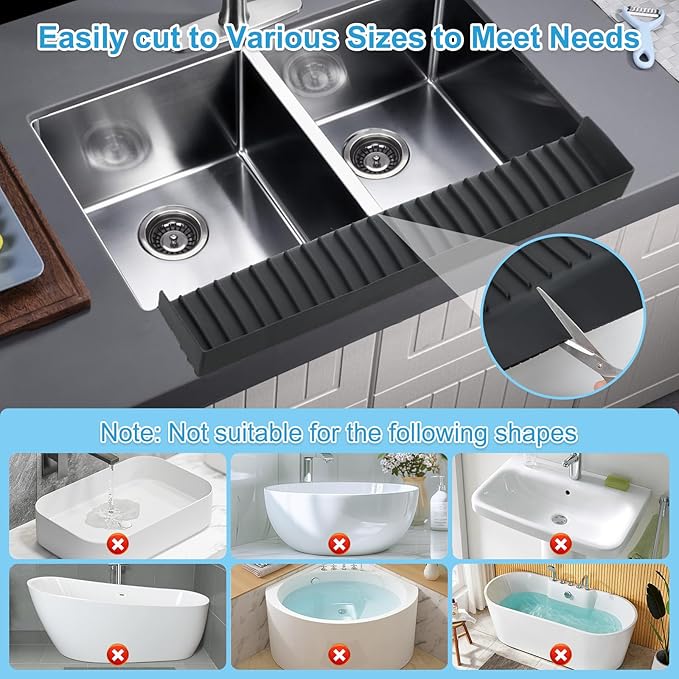 Silicone Faucet Splash Guard 4" x 30", Faucet Water Catcher Mat, Longer Silicone Sink Mat for Kitchen, Bathroom, Laundry Room, Farmhouse for Quartz Kitchen Sink（Black）