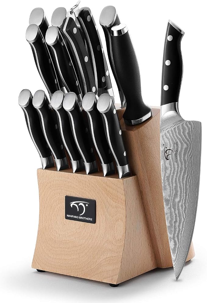 NANFANG BROTHERS 15-Piece Damascus Kitchen Knife Sets with Japanese 67-Layer Damascus Steel, ABS Ergonomic Handle for Chef Knife Set, Ultra Sharp Knife Set with Sharpener, Beechwood Block