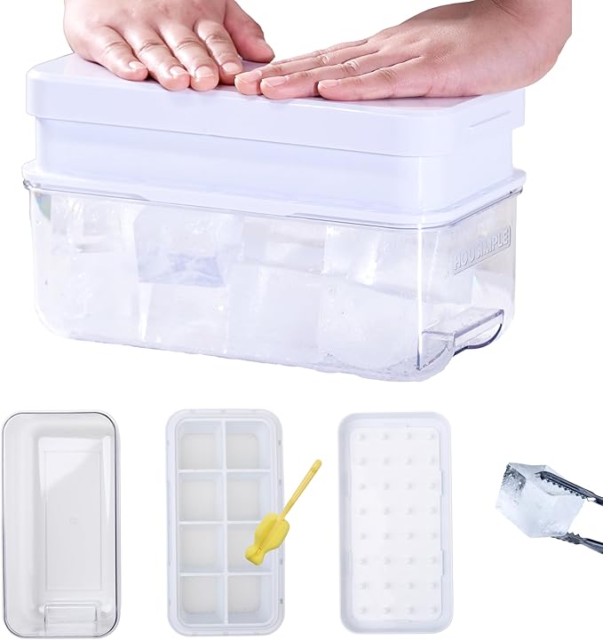 Season 3 GiantPush Silicone Large 2-Inch Ice Cube Tray with Lid, Square Whiskey Ice Mold for Cocktails & Highball, Slow-Melting Ice Maker, Easy Release, BPA Free (WHITE, 1-Tier Set)
