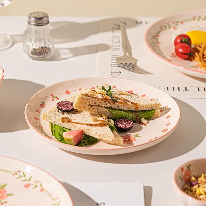 16-Piece Dinnerware Set for 4, Ceramic Plates and Bowls Sets, Microwave & Dishwasher Safe Dish Sets for Daily Use & Gifting, with Spring Peach Blossom Pattern