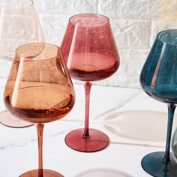 Colored Crystal Wine Glasses Set of 6, Gift Wife, Her, Mom, Friend - Large 18.5oz Glass, Italian Style Tall Stemmed Drinkware, Long Stem Wines, Dinner, Color Beautiful Glassware, Luxury, Hand-Blown