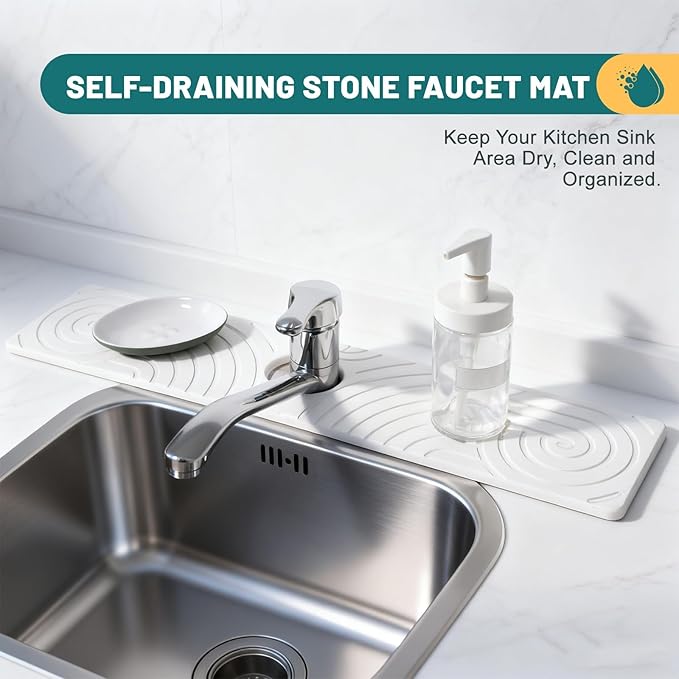 Hopegiver Stone Faucet Mat for Kitchen Sink - Fast Drying Diatomite Sink Protector Prevent Moisture, Super Water Absorbing Stone Tray for Kitchen & Bathroom Counter (White Line, 23.6"x5.1")