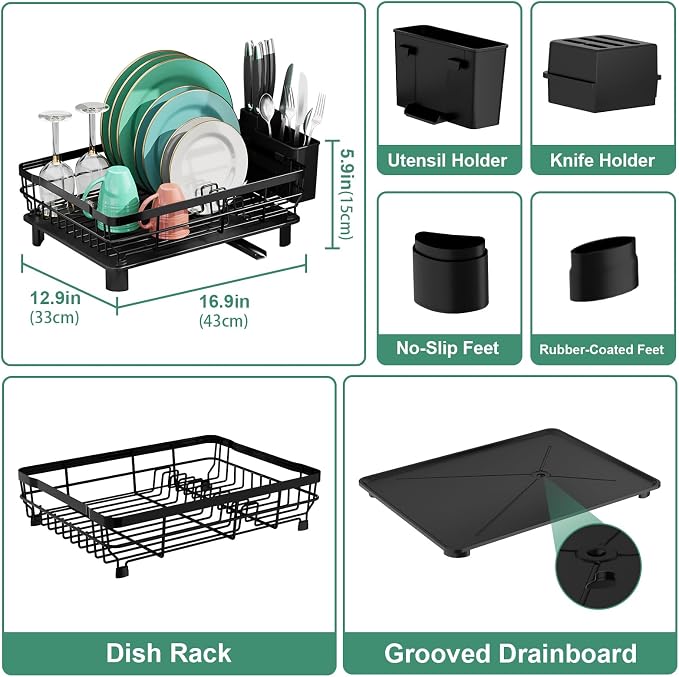 MOUKABAL Kitchen Organizer Set - Premium Dish Drying Rack (Black,Grey)