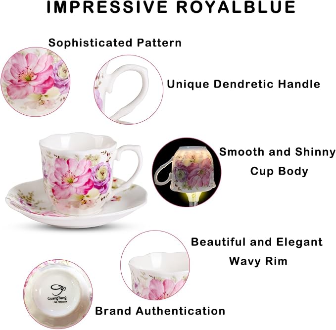 GuangYang 12 Pieces (Tiny Style) Espresso Cups and Saucers，2.5 ounce/80ml，Set of 6,Mini Premium Porcelain Coffee Cup Set, Fancy Flower Pattern Design