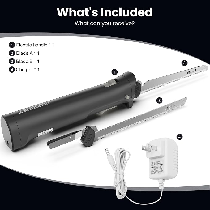 Cordless Electric Knife, Electric Bread Knife with 4 Stainless Steel Blades, Electric Cutting Knife for Cutting Meats, Fish, Poultry, Bread, Cheese & More (Black)