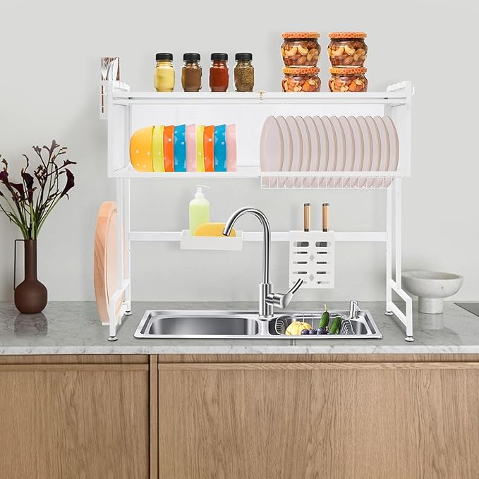 Over The Sink Dish Drying Rack 2 Tier Large Dish Drainer Drying Rack 37.4" W Multifunctional Kitchen Organizers and Storage for Dishes, Glasses, Bowls, and Cutlery (White)