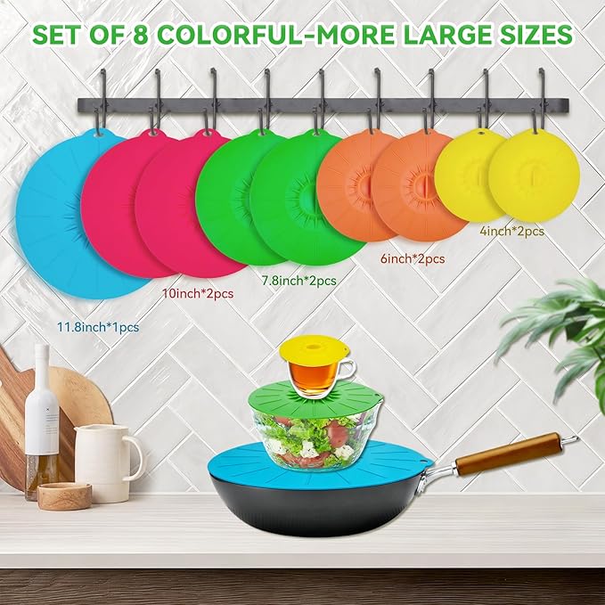 Silicone Lids 9 Pack Food Covers, Microwave Splatter Covers,Reusable Heat Resistant Lids for Pots Pans Plates Cups,Microwave Oven Stove Fridge Freezer Safe,Mothers Day Gifts
