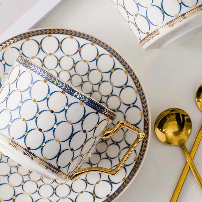 CwlwGO-European Style Ceramic Coffe Cup and Saucer Sets, 7 Oz Bone China Beautifully Glazed Blue Gold Tea Cup Set, Golden Spoon,Cappuccino, Latte, Suitable For Women's Gifts (4 pack)