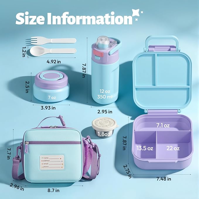 Itslife Bento Lunch Box for Kids Set, insulated food container, 7 oz thermos for hot food, 12 oz thermos water bottle, Reusable Insulated Ice Bag & Fork Spoon Utensils Camping Travel Purple