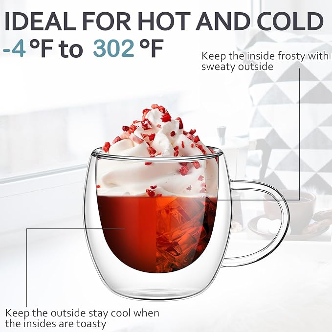Didaey 16 Pack 8 oz Glass Coffee Mugs Clear Insulated Glass Espresso Coffee Cups with Handle Cafe Mugs Set Borosilicate Glassware Cups for Tea Latte Hot Iced Beverages