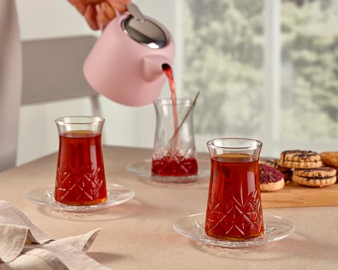 Pasabahce Crystal Turkish Tea Glasses and Saucers, Set of 12 Turkish Tea Cup Set, 6 Cups and 6 Plates Perfect for Tea Party, Gifts, Housewarming, Weddings, Aniversary