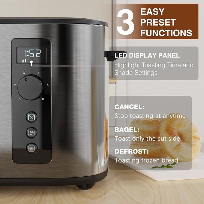 Anfilank Toaster 4 Slice with Countdown Timer, Extra Wide Slots for Bagels and Waffles, 6 Browning Settings, Removable Crumb Tray, Stainless Steel