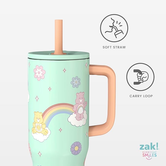 Zak Designs Care Bears Sutton Travel Tumbler for On the Go, 30oz Stainless Steel with Vacuum Insulation, Silicone Straw, and Carry Handle for Cold Drinks (Care Bears)