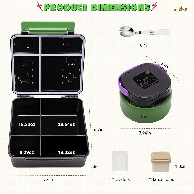 Game Bento Box for Kids, Lunch Box with Thermo(9oz Food Jar), Folding Spoon, Removable Divider & Sauce Cup, Lunch Box Kids for School,Travel, BPA-Free & Realistic Shape (Green-Purple)