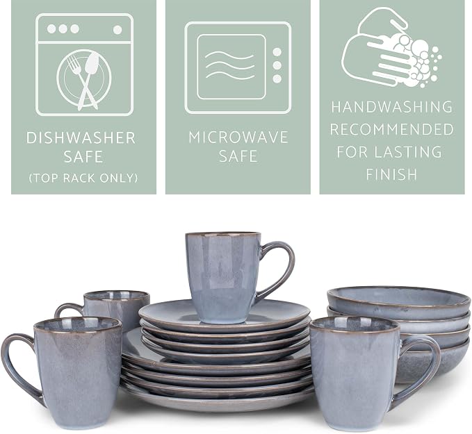 Elanze Designs Reactive Glaze Stone Ceramic Plates Bowls Mugs Classic Dinnerware 16 Piece Set - Service for 4, Grey
