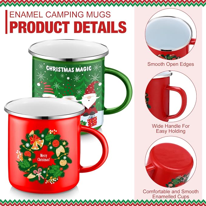 Sliner 12 Pcs Christmas Enamel Mugs, 12 oz Coffee Mugs Bulk Hot Chocolate Mug Set Cute Enamel Tea Cups Winter Holiday Christmas Employee Gift for Family Coworkers (Snowman)