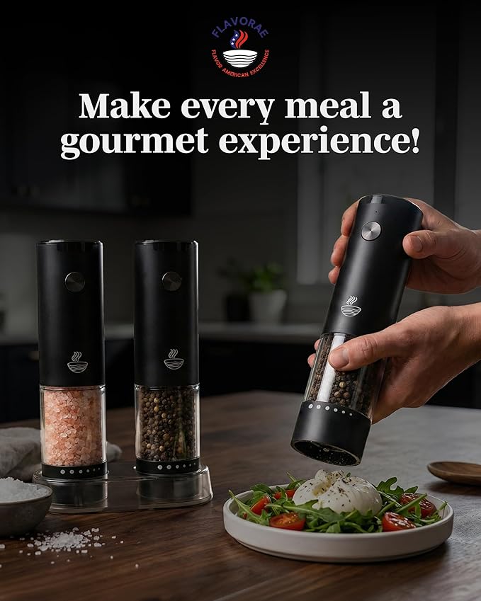 Electric Salt and Pepper Grinder Set - Black 2 Pack Battery Operated Mills with 95ml Large Capacity, Adjustable Coarseness, Built-in LED Light, Automatic Salt & Pepper Shakers for Kitchen