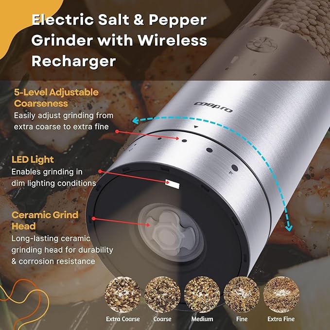 COSPRO Electric Salt & Pepper Grinder Set of 5 | Wireless Charging | Rechargeable | Stainless Steel | One-Hand Use | Adjustable Coarseness | Easy Clean | Himalayan Salt & Spices