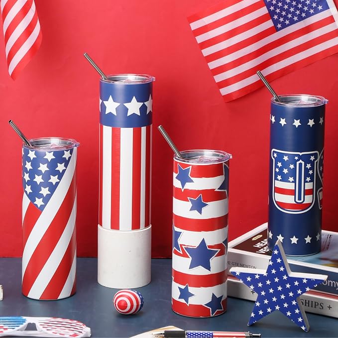 Norme 4 Pcs American Flag Tumbler Patriotic Gift 20oz 4th of July Independence Day Stainless Steel Tumbler with Lid Straw Brush Insulated Travel Mug Cup for Fathers Day Memorial Veteran
