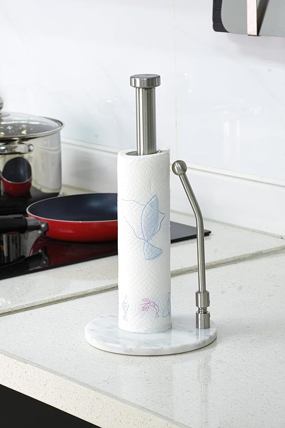 Paper Towel Holder with Marble Base – Weighted Countertop Stand, One-Hand Tear, Stainless Steel Rod, Natural Stone Base, Available in Gray & White Marble