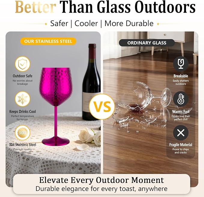 UNISWEET Stainless Steel Wine Glasses Set of 4 Unbreakable (Purple) | 17 oz Large-capacity Hammered Goblets, Lightweight & Reusable, Good for Outdoor, Camping, Pool Travel, Gift for Wine Lovers