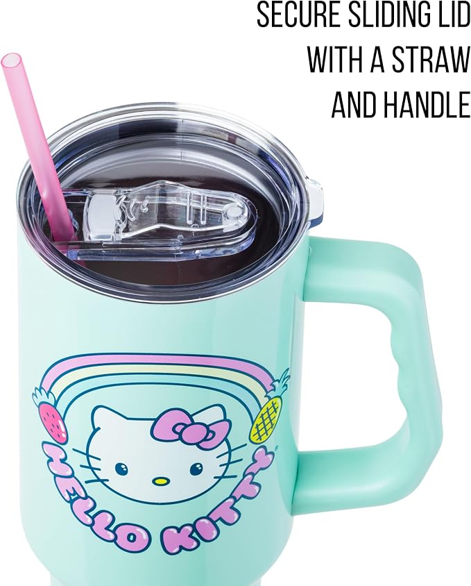 Silver Buffalo Sanrio Hello Kitty Kawaii Strawberry, Pineapple, and Rainbows Double Walled Stainless Steel Tumbler with Handle and Straw, Fits in Standard Cup Holder, 40 Ounces