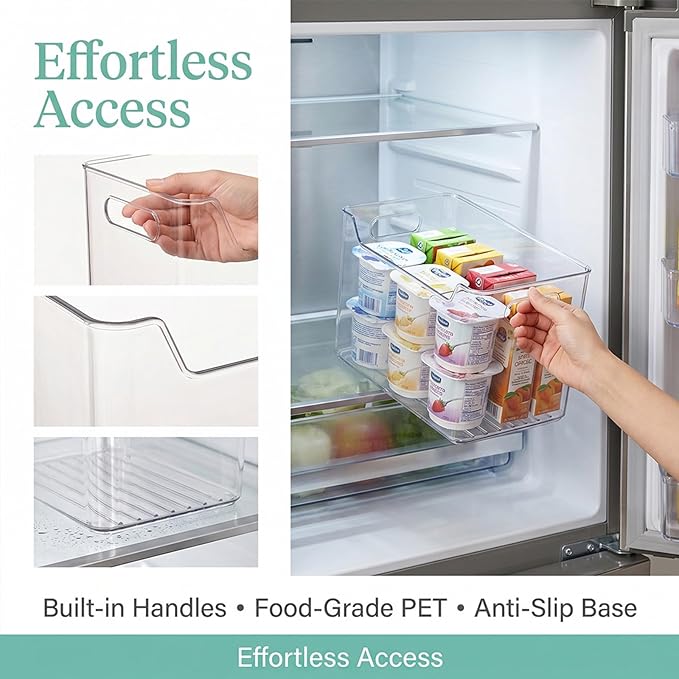 Crystal Clear Freezer Storage Bins, BPA-Free Clear Fridge Organizer Bins with Handles, Stackable Plastic Bins for Organization, Heavy-Duty Clear Storage Bins (Translucent Green, 2L+2S)