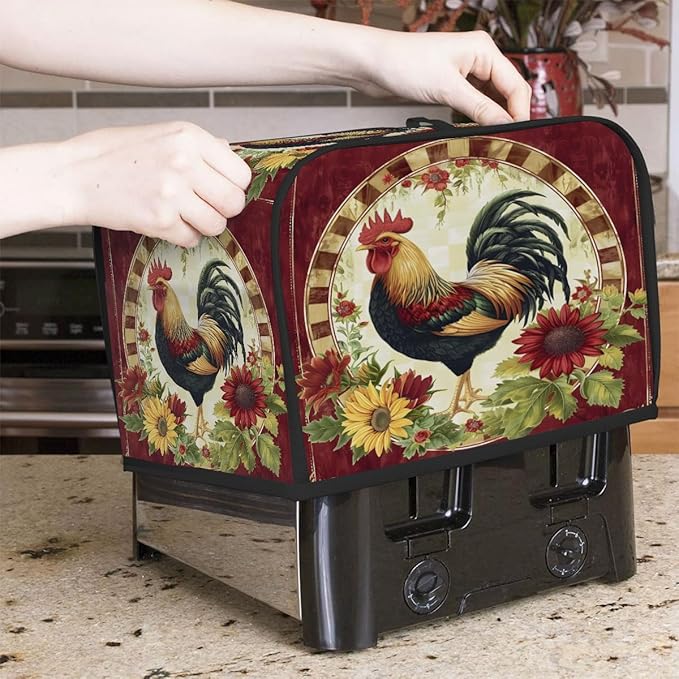 Red Rooster Retro 4 Slice Toaster Cover Dust And Fingerprint Bread Maker Cover Bakeware Protector Washable Appliance Covers Kitchen Accessories For Home Kitchen Women Gift