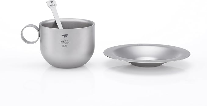 Keith Titanium Ti3601 Double-Wall Coffee Cup with Saucer and Spoon