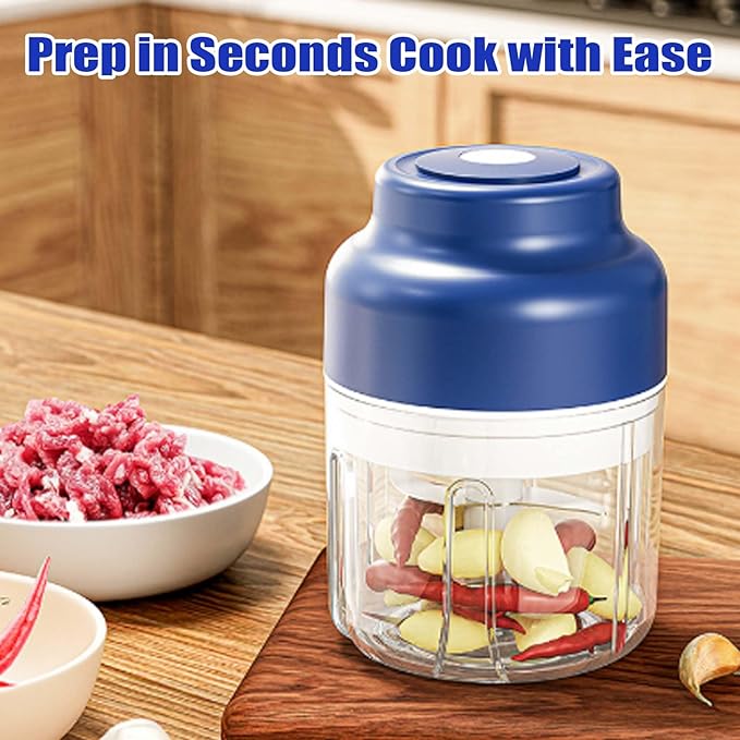 Electric Garlic Chopper, Mini Food Processor, Mini Portable Veggie Chopper with 4/6 Stainless Steel Blades, Rechargeable Small Food Processor for Garlic, Onion, Chili, Ginger, Nuts (Blue, 250ML)