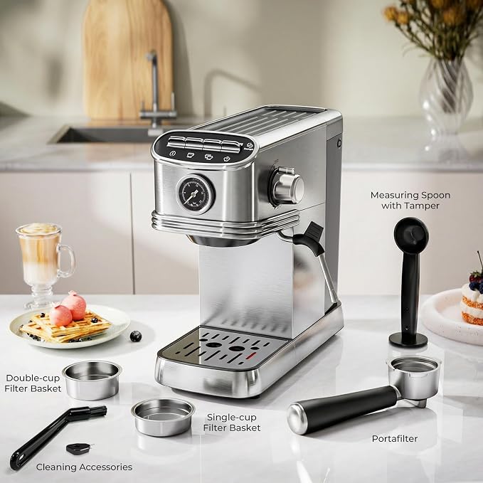 Kismile Espresso Machine with Milk Frother, 20 Bar Compact Espresso Maker with 45 OZ Removable Tank, Stainless Steel Coffee Machine for Home, Office, Latte, Cappuccino Silver